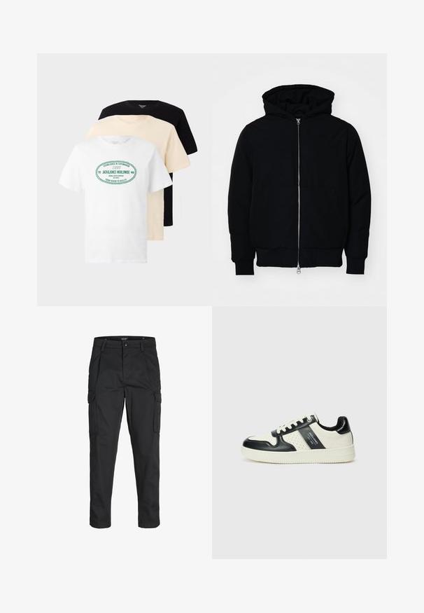 Svart hettejakke med frontglidelås, kengurulomme, ribbestrikket mansjetter og søm, vist på en ensfarget hvit bakgrunn.; Tre stablet crew neck T-skjorter i svart, beige og hvit, med den hvite T-skjorten som har grønne "Jack & Jones Worldwide"-tekster.; Sorte cargo bukser laget av slitesterkt stoff, med flere lommer, knappelukking og en slim fit-design med avsmalnede ben.; Lædersneakers med sort og creme farveskema, der har perforerede detaljer, en polstret krave og en struktureret ydersål.