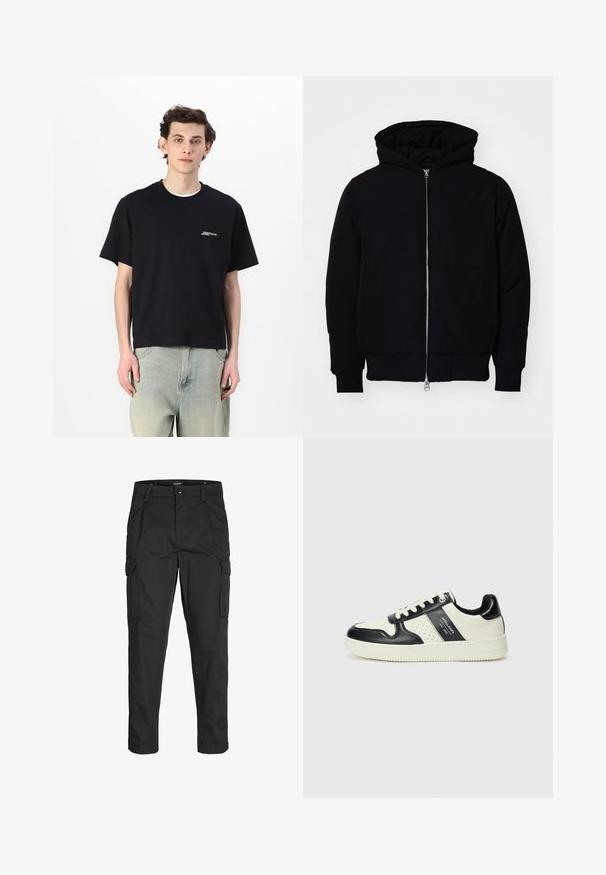 Juodas gobtuvėlis su priekiniu užtrauktuku, kengūros tipo kišene, lygiais rankogaliais ir apvadu, pateiktas ant vientiso balto fono.; Juodas medvilninis trumpomis rankovėmis marškinėliai su apvalia iškirpte ir baltu logotipo detalumu ant krūtinės, derinami su šviesiai mėlynomis džinsais.; Juodi krovinių tipo džinsai, pagaminti iš tvirto audinio, su keliais kišeniais, mygtuko uždarymu ir siauru, prigludusiu dizainu su siaurėjančiomis kojomis.; Odiniai sportbačiai juodos ir kreminės spalvų schemoje, su perforuotais akcentais, paminkštinta apykakle ir tekstūruotu padu.