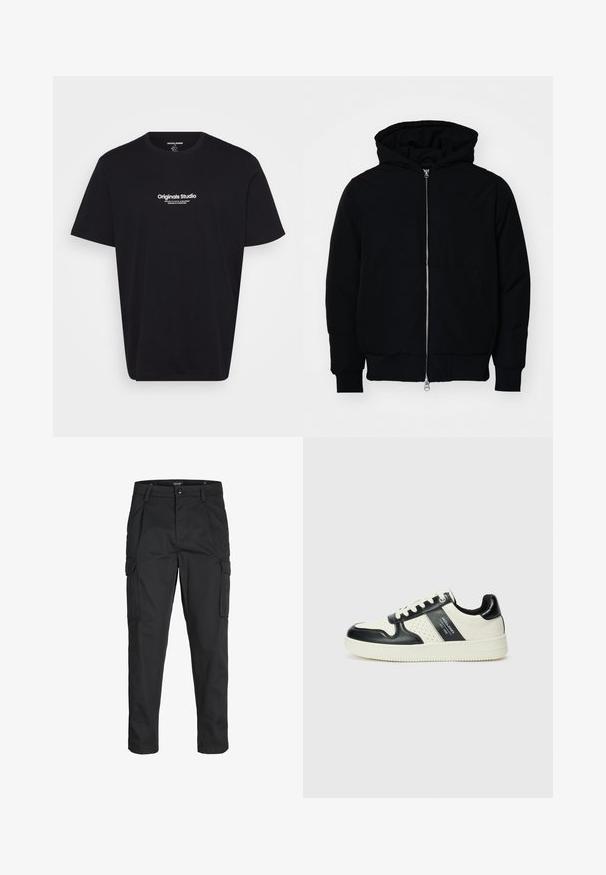 Crna kapuška jakna s prednjim zatvaračem, kenguru džepom, rebrastim manžetama i rubom, prikazana na običnoj bijeloj pozadini.; Crna pamučna majica s kratkim rukavima, okruglim izrezom i bijelim natpisom "Originals Studio" otisnutim na prednjoj strani. Glatka tekstura, opušteni kroj.; Crne cargo hlače izrađene od čvrstog materijala, s brojnim džepovima, kopčanjem na gumb i dizajnom koji pomaže da se prilagode tijelu sa suženim nogavicama.; Kožne tenisice s crno-bijelom paletom boja, koje imaju perforirane akcentne detalje, podstavljeni ovratnik i teksturiranu potplat.