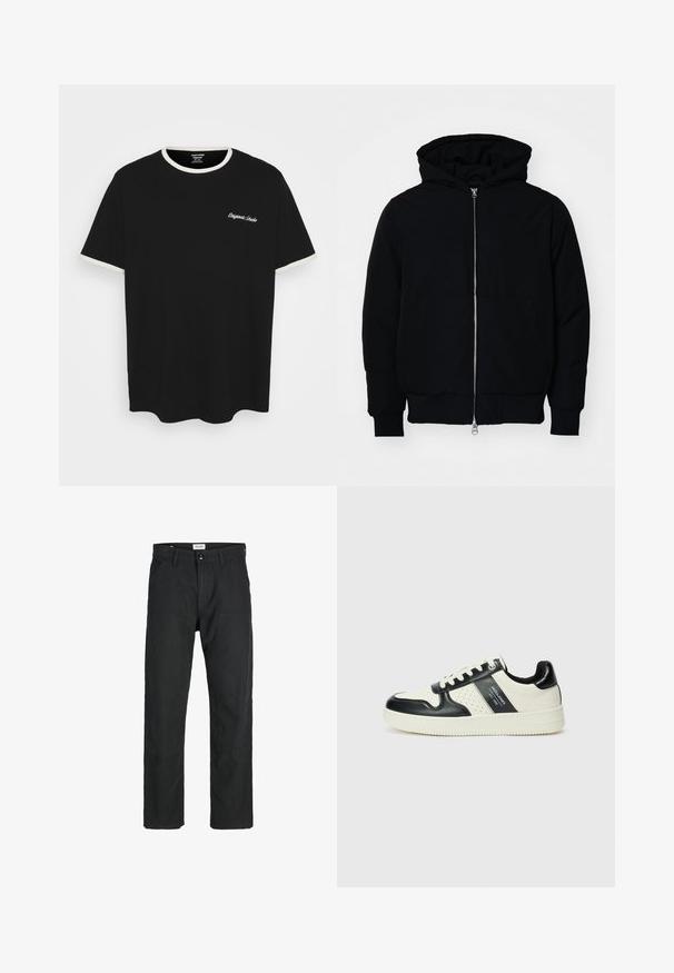 Mustaga kapuutsiga jakk, millel on esineed, kenguru tasku, soonikkoes, ja alläär, esitatud lihtsal valgel taustal.; Must must t-särk, millel on kreemjas soonikkoes kaelus ja varrukuotsad. Särgil on rindkere peal valge tikitud tekst.; Mustad mustad, mis on valmistatud vastupidavast kangast, sirge jala disainiga, õmmeldud detailidega ja kahe eesmise taskuga funktsionaalsuse jaoks.; Nahatud nahkkingad musta ja kreemi värviskeemiga, millel on perforeeritud aktsendid, pehme krae ja tekstureeritud tallad.