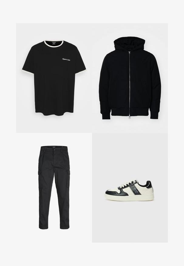 Melna kapucēta jaka ar priekšējo rāvējslēdzēju, kenguru kabatu, ribinātām aprocēm un apakšmalu, parādīta uz vienkārša balta fona.; Melna kokvilnas t-kreklu ar krēmkrāsas ribotu apkakli un piedurknēm. Krekls ir ar baltu izšuvumu uz krūšu.; Melnas kravas bikses, izgatavotas no izturīga auduma, ar vairākiem kabatām, pogu aizdari un šaura piegriezuma dizainu ar sašaurinātiem kāju apakšiem.; Ādas sporta apavi ar melnbaltu krāsu shēmu, ar perforētiem akcentiem, mīkstinātu apkakli un teksturētu zoli.