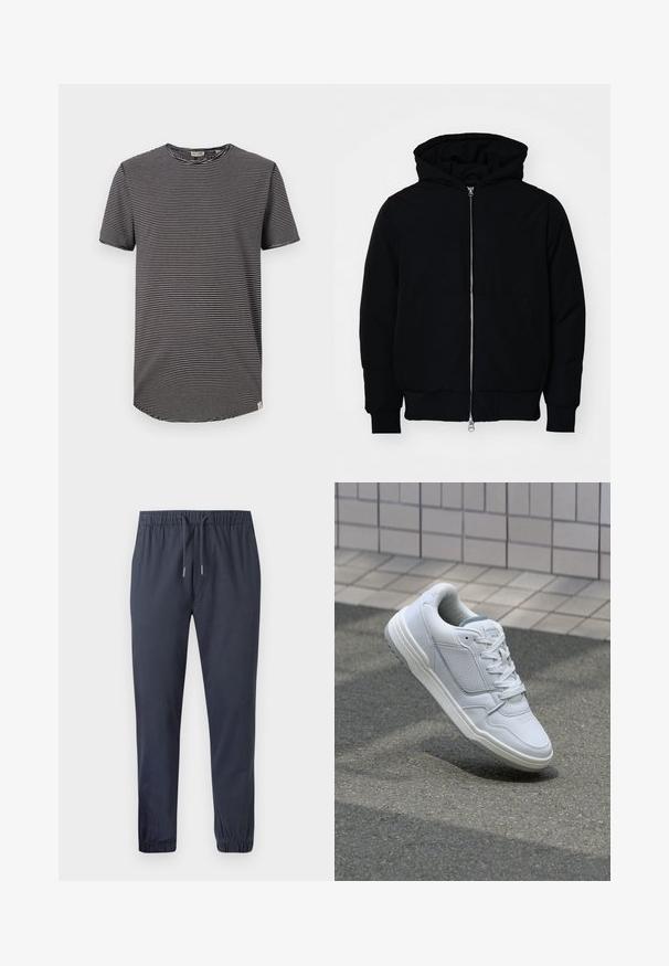 Svart hettejakke med frontglidelås, kengurulomme, ribbestrikket mansjetter og søm, vist på en ensfarget hvit bakgrunn.; Svart og hvit stripete T-skjorte med korte ermer, rund hals og avrundet nederkant. Mykt stoff med avslappet passform. Stikketikett synlig inni.; Marineblå tapered joggebukser med elastisk midje, snøring og elastiske mansjetter, laget av et glatt og lett stoff.; Hvite lær sneakers med perforerte sider, teksturerte detaljer, flate lisser og en kontrasterende grå hæl. Har en lite hevet såle.
