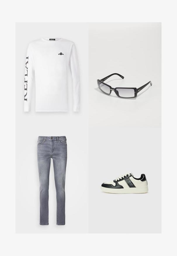 Svart huoodiejacka med framdragkedja, känguruficka, ribbade ärmslut och nederkant, uppställd mot en vit bakgrund.; Vit långärmad T-shirt i bomull, med en svart logotyp på bröstet och "REPLAY" tryckt vertikalt längs vänster ärm.; Ljust grå denimjeans med rak passform, fem fickor, knäppning med mässingsknapp och subtil blekning på benen.; Läder sneakers med en svart och krämfärgad färgsättning, med perforerade detaljer, en vadderad krage och en strukturerad yttersula.; Svarta rektangulära solglasögon med graduerade linser, med en tjock ram och metallaccentdetaljer på bågarna. Slät yta genom hela.