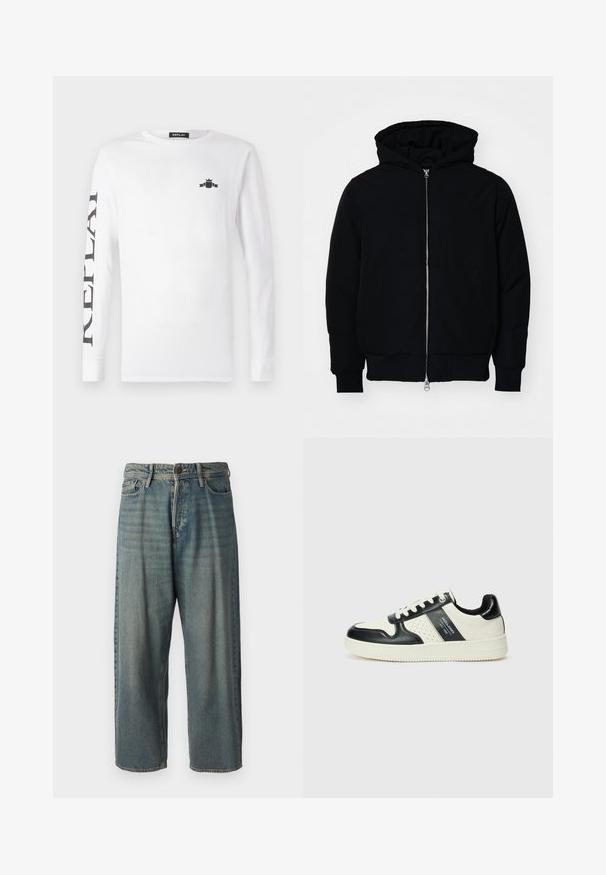 Svart hettejakke med frontglidelås, kengurulomme, ribbestrikket mansjetter og søm, vist på en ensfarget hvit bakgrunn.; Hvit langermet T-skjorte laget av bomull, med en svart logo på brystet og "REPLAY" trykket vertikalt ned langs venstre erme.; Lyseblå denimjeans med løs passform, midjehøyde og rette ben. Har fem lommer, beltehemper og knappelukking.; Lædersneakers med sort og creme farveskema, der har perforerede detaljer, en polstret krave og en struktureret ydersål.