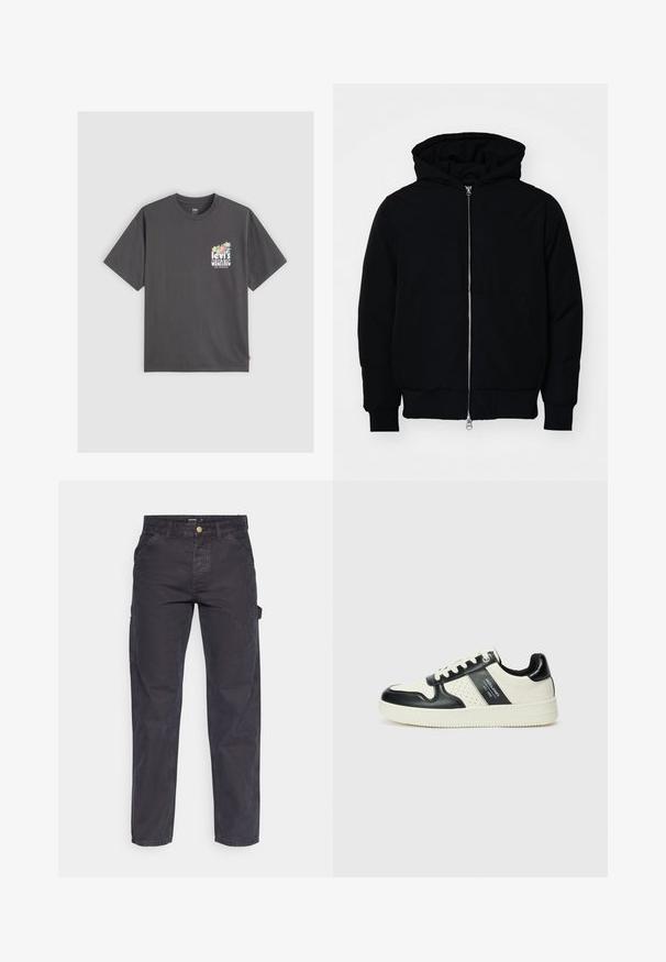 Svart huoodiejacka med framdragkedja, känguruficka, ribbade ärmslut och nederkant, uppställd mot en vit bakgrund.; Mörkgrå ekologisk bomull t-shirt, kort ärm, rundad halsringning, med en färgglad blommig grafik och texten "Levi's Organic" på bröstet.; Mörkgrå cargobyxor i slitstark tyg, med rak benform, fem fickor och knappstängning i midjan.; Läder sneakers med en svart och krämfärgad färgsättning, med perforerade detaljer, en vadderad krage och en strukturerad yttersula.