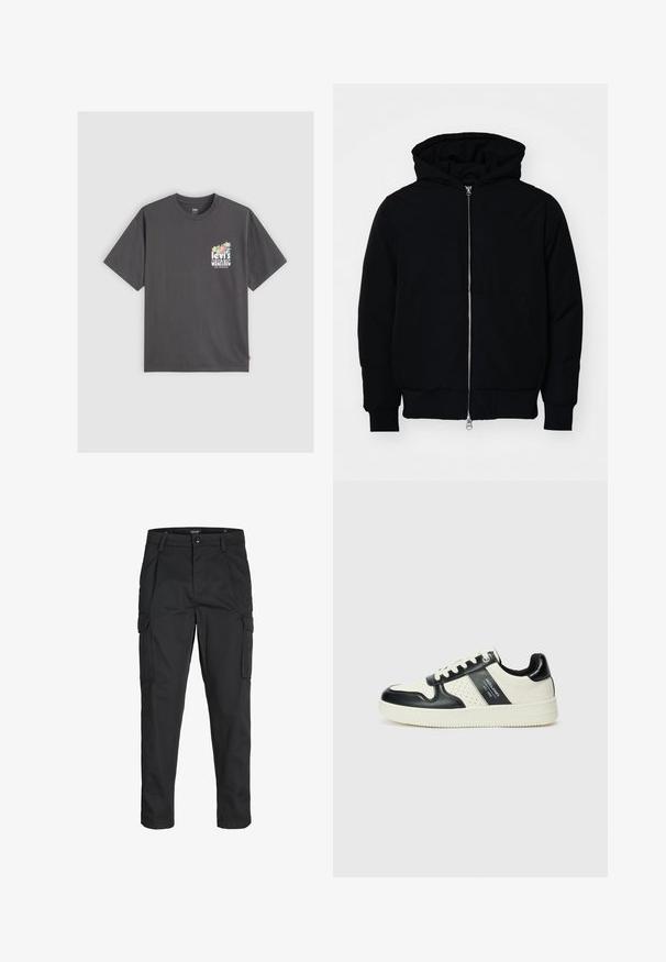 Juodas gobtuvėlis su priekiniu užtrauktuku, kengūros tipo kišene, lygiais rankogaliais ir apvadu, pateiktas ant vientiso balto fono.; Tamsiai pilka organinės medvilnės marškinėliai, trumpomis rankovėmis, apvalia iškirpte, su ryškiu gėlių grafiniu motyvu ir užrašu "Levi's Organic" ant krūtinės.; Juodi krovinių tipo džinsai, pagaminti iš tvirto audinio, su keliais kišeniais, mygtuko uždarymu ir siauru, prigludusiu dizainu su siaurėjančiomis kojomis.; Odiniai sportbačiai juodos ir kreminės spalvų schemoje, su perforuotais akcentais, paminkštinta apykakle ir tekstūruotu padu.