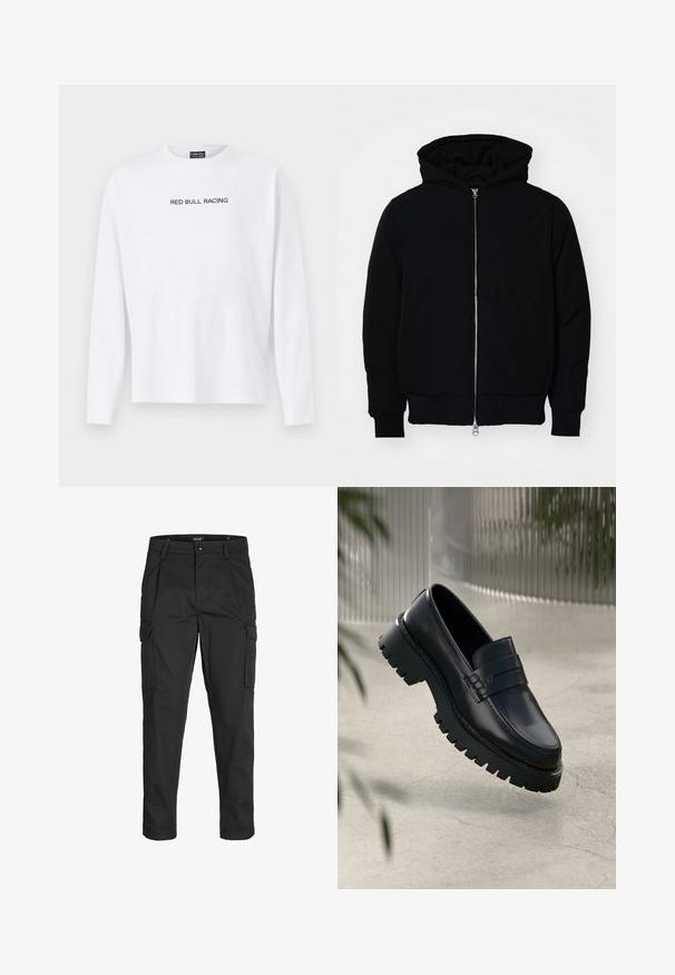 Black hooded jacket with front zipper, kangaroo pocket, ribbed cuffs, and hem, displayed on a plain white background.; White long-sleeve t-shirt made of cotton, featuring "RED BULL RACING" printed in black across the chest. Crew neck design, relaxed fit.; Black cargo pants made of sturdy fabric, featuring multiple pockets, a button closure, and a slim fit design with tapered legs.; Black leather loafers with a chunky tread sole, featuring a decorative strap and stitching detail. Smooth texture with a polished finish.