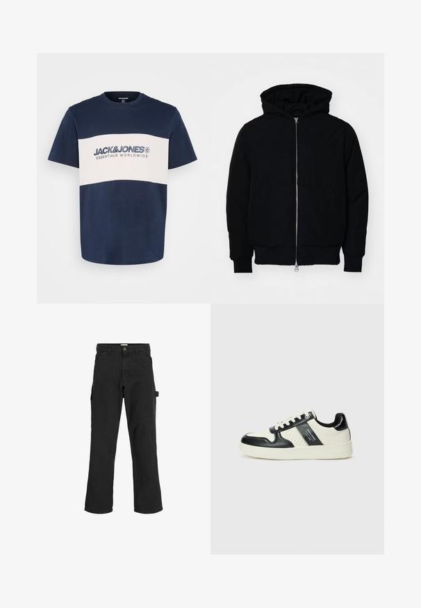 Black hooded jacket with front zipper, kangaroo pocket, ribbed cuffs, and hem, displayed on a plain white background.; Jack & Jones JJELEGACY BLOCKING TEE O NECK - Print T-shirt - navy; Black cargo pants in cotton blend fabric. Features wide legs, front slant pockets, and a side pocket with a loop for accessories.; Leather sneakers with a black and cream color scheme, featuring perforated accents, a padded collar, and a textured outsole.