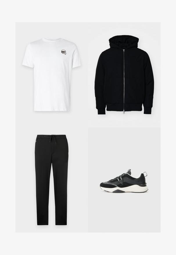 Mustaga kapuutsiga jakk, millel on esineed, kenguru tasku, soonikkoes, ja alläär, esitatud lihtsal valgel taustal.; Valge puuvillane T-särk, mille vasakul rinnal on väike must-valge graafika. Klassikaline ümmargune kaelus ja lühikesed varrukad.; Jack & Jones JPSTACE NEO JOGGER - Püksid - black; Musthave musta toss, mis on valmistatud suede ja võrkmaterjalide segust, paksu valge tallaga ja peegeldavate aktsentidega. Läbilöögiga disain, millel on tõmblukk.