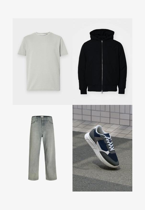 Juodas gobtuvėlis su priekiniu užtrauktuku, kengūros tipo kišene, lygiais rankogaliais ir apvadu, pateiktas ant vientiso balto fono.; Šviesiai pilkas trumpomis rankovėmis marškinėliai su tekstūruotu raštu, apykakle ir tiesiu kraštu. Pagaminta iš minkštos, kvėpuojančios medžiagos.; Šviesiai pilkos, laisvai krentančios džinsinės kelnės. Turi klasikinį penkių kišenių dizainą, diržo kilpas ir tiesius kojų siluetus.; Sportiniai bateliai su tamsiai mėlynu tinkliniu viršumi, pilkais zomšiniais akcentais, balta guma padanga ir plokščiomis baltomis raištelėmis, sukurti komfortui ir oro pralaidumui.