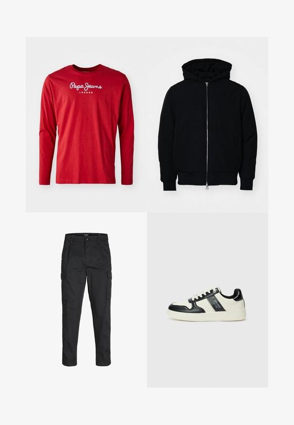 Melna kapucēta jaka ar priekšējo rāvējslēdzēju, kenguru kabatu, ribinātām aprocēm un apakšmalu, parādīta uz vienkārša balta fona.; Sarkana garo piedurknu krekls ar apaļu kakla izgriezumu, uz kura krūtīm drukāts "Pepe Jeans London" logo baltā krāsā, parādīts uz balta fona.; Melnas kravas bikses, izgatavotas no izturīga auduma, ar vairākiem kabatām, pogu aizdari un šaura piegriezuma dizainu ar sašaurinātiem kāju apakšiem.; Ādas sporta apavi ar melnbaltu krāsu shēmu, ar perforētiem akcentiem, mīkstinātu apkakli un teksturētu zoli.