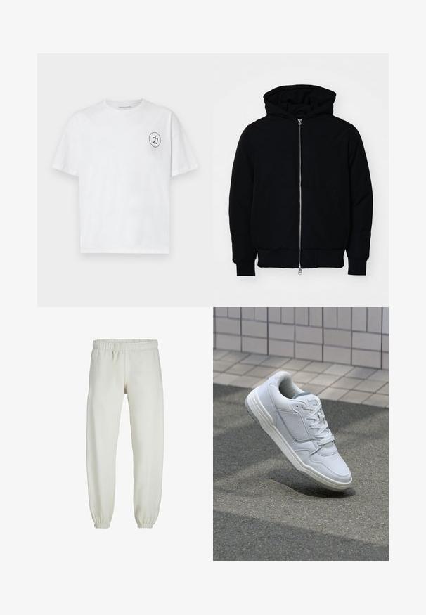 Juodas gobtuvėlis su priekiniu užtrauktuku, kengūros tipo kišene, lygiais rankogaliais ir apvadu, pateiktas ant vientiso balto fono.; Balta medvilnė t-shirt su apvalia kaklo iškirpte, trumpomis rankovėmis ir apvaliu juodu grafiniu piešiniu, vaizduojančiu personažą kairėje krūtinės pusėje.; Baltos sportinės kelnės, pagamintos iš minkštos medžiagos, su elastinga juosmeniu ir rankogaliais, turinčios lygią tekstūrą ir laisvą siluetą.; Baltos odinės sportinės bateliai su perforuotais šonais, tekstūruotais akcentais, plokščiomis raištelėmis ir kontrastingu pilku kulnu. Yra šiek tiek pakelti padas.