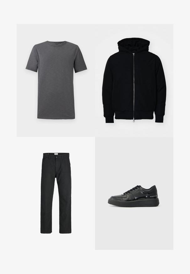 Jachetă neagră cu glugă, cu fermoar în față, buzunar tip kangaroo, mansete și tiv ribbed, prezentată pe un fundal alb simplu.; T-shirt gri cu mânecă scurtă afișat pe un fundal alb, având un decolteu rotund și un design simplu, casual.; Pantaloni negri dintr-un material durabil, cu un design cu picior drept, accente cusute și două buzunare frontale pentru funcționalitate.; Tenisi din piele neagră cu un finisaj neted, vârf rotund și talpă din cauciuc negru în contrast. Prezintă șireturi plate și branding pe lateral.