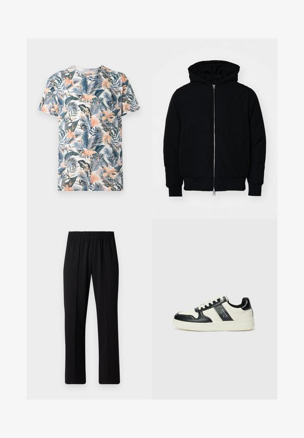 Schwarze Kapuzenjacke mit Frontreißverschluss, Kängurutasche, gerippten Bündchen und Saum, auf einem schlichten weißen Hintergrund präsentiert.; Kurze Ärmel T-Shirt aus Stoff mit einem tropischen Blumenmuster in den Farben Grün, Pink und Blau auf einem weißen Hintergrund.; Schwarze, Gummibund-Hosen mit geradem Schnitt, die eine glatte Textur aufweisen und keine sichtbaren Muster oder Beschläge haben.; Leder-Sneaker in Schwarz- und Cremetönen, mit perforierten Akzenten, einem gepolsterten Kragen und einer strukturierten Laufsohle.