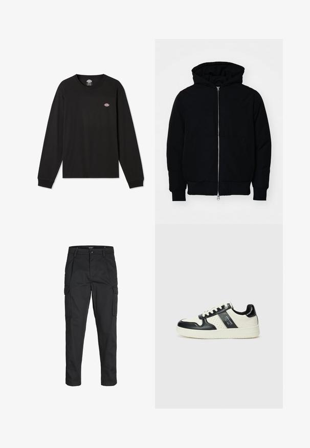Čierna kapucňová bunda s predným zipsom, klokaními vreckami, rebrovanými manžetami a lemom, zobrazená na bielom pozadí.; Čierny dlhý rukáv, tričko z bavlny, s malým viacfarebným logom Dickies na ľavej hrudi a ribbovanými manžetami.; Čierne cargo nohavice z odolnej látky, s viacerými vreckami, gombíkovým zapínaním a úzkym strihom so zúženými nohavicami.; Kožené tenisky v čierno-krémovej farbe, s perforovanými akcentmi, polstrovaným golierom a štruktúrovanou podrážkou.