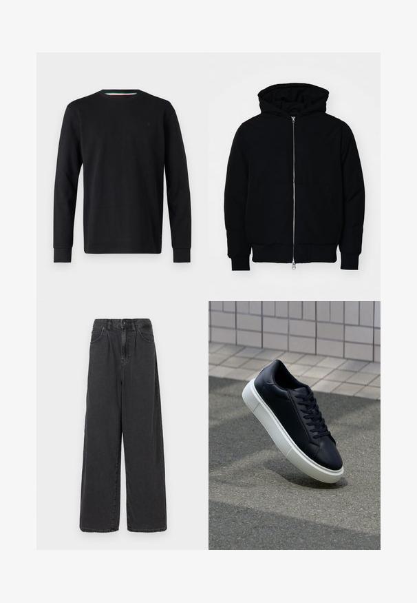 Giacca nera con cappuccio, dotata di zip frontale, tasca a marsupio, polsini e orlo a coste, esposta su uno sfondo bianco semplice.; Replay Maglietta a manica lunga - black; Pantaloni in denim neri a gamba larga e vita alta con chiusura frontale a bottoni e zip, dotati di tasche laterali e una texture liscia.; Sneaker in pelle nera con punta arrotondata e suola in gomma bianca. Presenta lacci piatti e cuciture minime sulla parte superiore. Suola testurizzata per una migliore aderenza.