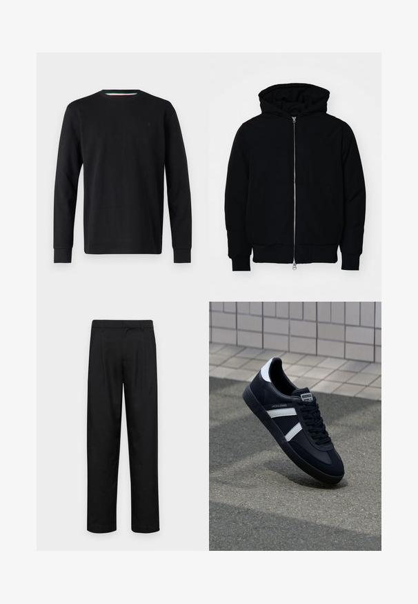 Schwarze Kapuzenjacke mit Frontreißverschluss, Kängurutasche, gerippten Bündchen und Saum, auf einem schlichten weißen Hintergrund präsentiert.; Replay Langarmshirt - black; Schwarze Hose aus glattem Stoff, mit geradem Bein Design, zwei vorderen Falten und einem Standardbund mit Gürtelschlaufen.; Schwarze Leder-Sneaker mit weißen Streifen, strukturiertem Gummisohle und Schnürung. Verfügt über ein Markenetikett auf der Zunge.