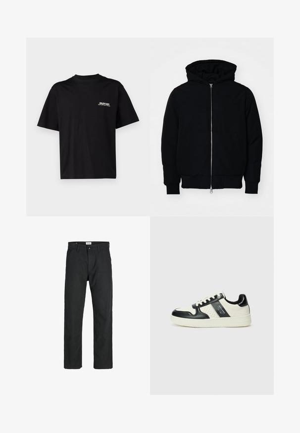 Mustaga kapuutsiga jakk, millel on esineed, kenguru tasku, soonikkoes, ja alläär, esitatud lihtsal valgel taustal.; Must musta T-särk lühikeste varrukatega, ümar kaelus ja valge ja kuldse tekstiga vasakul rinnal trükk, millel on mugav lõige.; Mustad mustad, mis on valmistatud vastupidavast kangast, sirge jala disainiga, õmmeldud detailidega ja kahe eesmise taskuga funktsionaalsuse jaoks.; Nahatud nahkkingad musta ja kreemi värviskeemiga, millel on perforeeritud aktsendid, pehme krae ja tekstureeritud tallad.