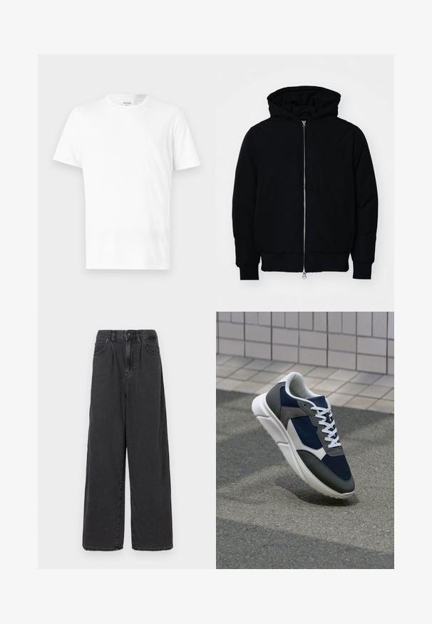 Černá kapucňová bunda s předním zipem, klokaní kapsou, vroubkovanými manžetami a spodním lemem, vystavená na čistém bílém pozadí.; Bílý krátký rukáv tričko vyrobené z bavlny, s kulatým výstřihem a jednoduchým designem, vhodné pro volnočasové nošení.; Široké, vysoké černé džíny s knoflíkovým a zipovým zapínáním vpředu, se bočními kapsami a hladkou texturou.; Tenisky s horní částí z námornicky modré síťoviny, šedými semišovými akcenty, bílou gumovou podrážkou a plochými bílými tkaničkami, navržené pro pohodlí a prodyšnost.