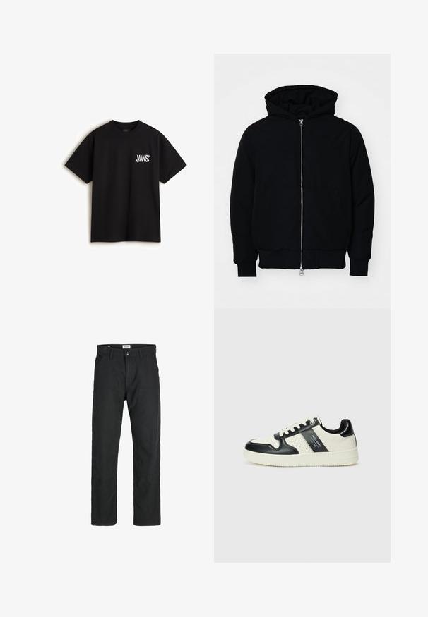 Černá kapucňová bunda s předním zipem, klokaní kapsou, vroubkovanými manžetami a spodním lemem, vystavená na čistém bílém pozadí.; Vans CHAOS - Triko s potiskem - black; Černé kalhoty vyrobené z odolné tkaniny, s rovnými nohavicemi, šitými akcenty a dvěma předními kapsami pro praktičnost.; Kožené tenisky s černobílou barevnou kombinací, které mají perforované detaily, polstrovaný límec a texturovanou podrážku.