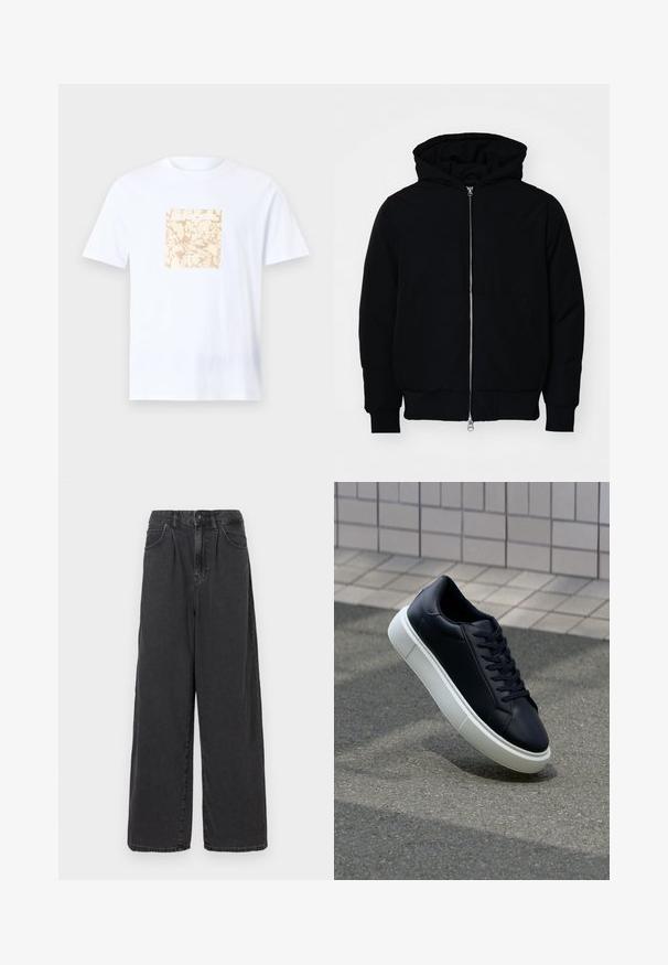 Black hooded jacket with front zipper, kangaroo pocket, ribbed cuffs, and hem, displayed on a plain white background.; White cotton t-shirt featuring a square beige graphic with a textured pattern at the center. Short sleeves and a round neckline.; Wide-leg, high-waisted black denim pants with a front button and zipper closure, featuring side pockets and a smooth texture.; Black leather sneaker with rounded toe and white rubber sole. Features flat laces and minimal stitching on the upper. Textured sole for grip.