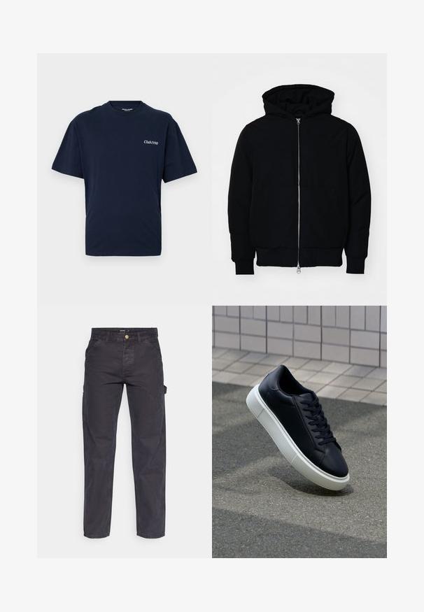 Crna kapuška jakna s prednjim zatvaračem, kenguru džepom, rebrastim manžetama i rubom, prikazana na običnoj bijeloj pozadini.; Tamno plavi pamučni majica s okruglim izrezom i kratkim rukavima. Sadrži bijeli natpis "Club1990" na lijevoj strani prsnog područja. Jednostavan dizajn.; Tamno sivi cargo hlače od izdržljivog materijala, s ravnim krojem, pet džepova i kopčanjem na dugme u struku.; Crne kožne tenisice s zaobljenim vrhom i bijelim gumiranim potplatom. Imaju ravne vezice i minimalno šivanje na gornjem dijelu. Teksturirani potplat za bolje prianjanje.