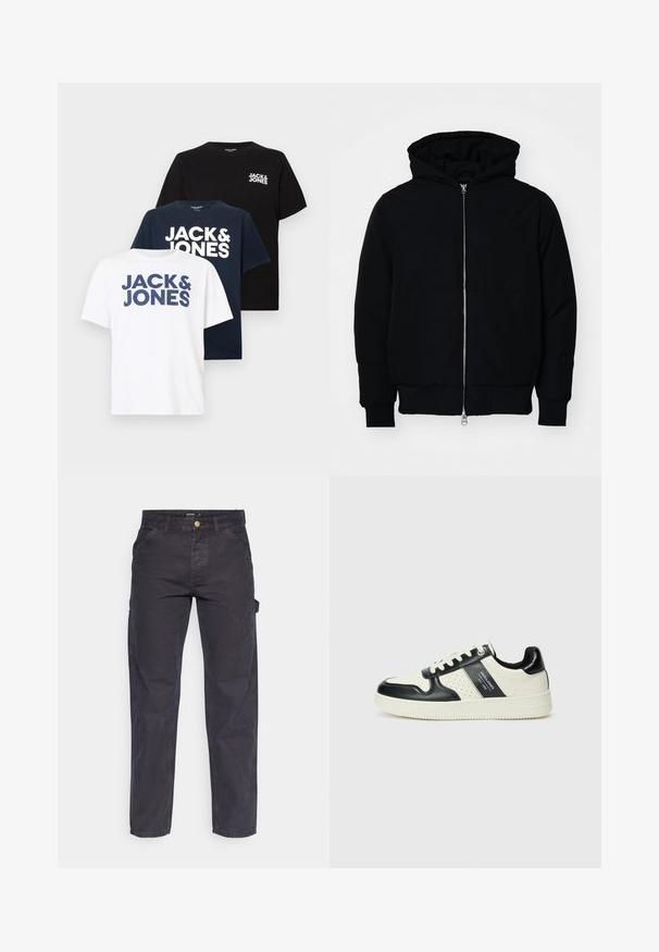 Chaqueta negra con capucha, cierre frontal, bolsillo tipo canguro, y puños y dobladillo acanalados, exhibida sobre un fondo blanco liso.; Tres camisetas de manga corta con cuello redondo en blanco, marino y negro, cada una con "JACK & JONES" impreso en negrita en la parte delantera o en el pecho.; Pantalones cargo de color gris oscuro, confeccionados con un tejido duradero, que presentan un corte recto, cinco bolsillos y un cierre de botón en la cintura.; Zapatillas de cuero con un esquema de colores negro y crema, que cuentan con acentos perforados, un collar acolchado y una suela texturizada.