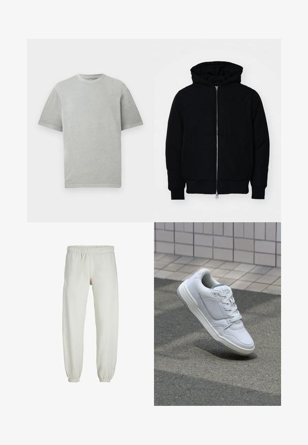 Giacca nera con cappuccio, dotata di zip frontale, tasca a marsupio, polsini e orlo a coste, esposta su uno sfondo bianco semplice.; T-shirt grigio chiaro con maniche corte e colletto a giro, esposto su uno sfondo bianco uniforme.; Pantaloni tuta bianchi realizzati in tessuto morbido, dotati di vita e polsini elastici, con una texture liscia e una vestibilità ampia.; Sneaker bianca in pelle con lati perforati, accenti testurizzati, lacci piatti e tallone grigio a contrasto. Presenta una suola leggermente elevata.