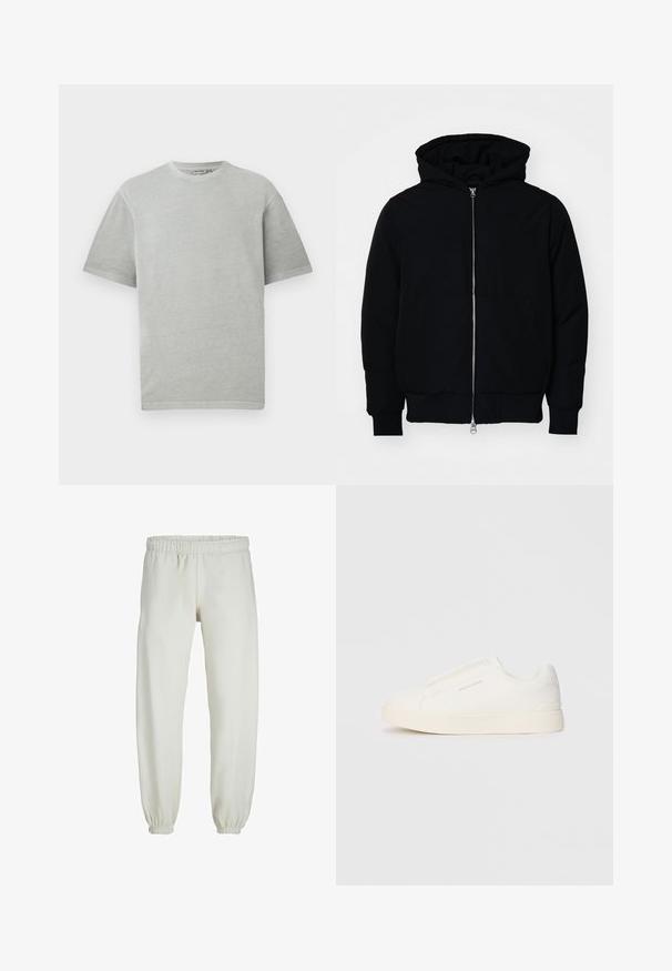 Melna kapucēta jaka ar priekšējo rāvējslēdzēju, kenguru kabatu, ribinātām aprocēm un apakšmalu, parādīta uz vienkārša balta fona.; Gaiši pelēks t-krekls ar īsām piedurknēm un apaļu kakla izgriezumu, attēlots uz vienkārša balta fona.; Baltas treniņbikses, izgatavotas no mīkstas auduma, ar elastīgu jostu un piedurknēm, gluda tekstūra un brīva piegriezuma dizains.; Baltas slip-on sporta apavi ar teksturētu virsmu, biezu zoli un minimālistisku dizainu. Sānos redzams zīmola logotips.