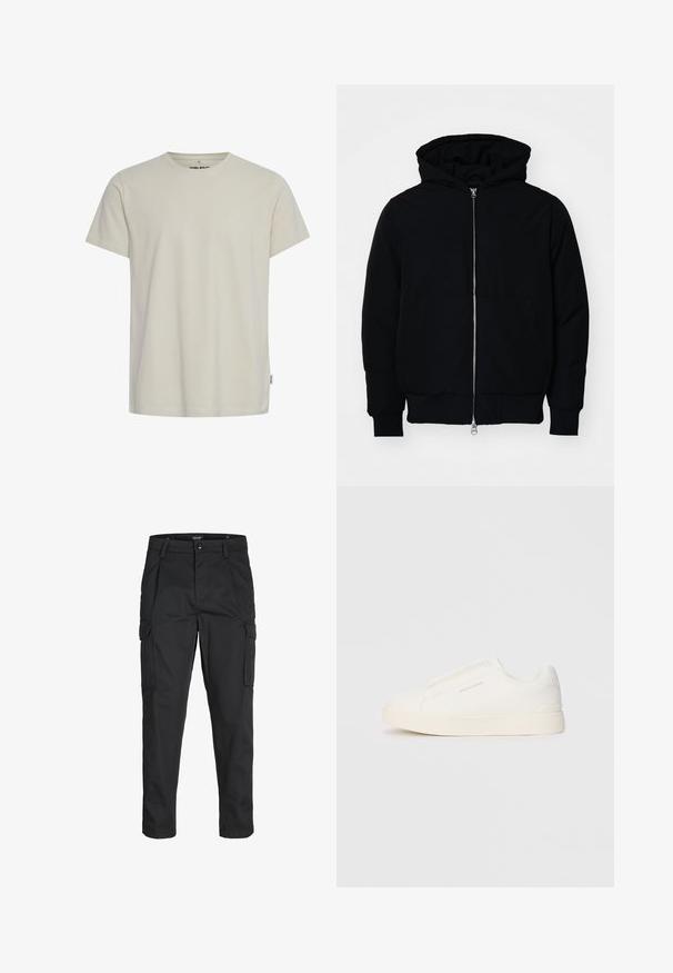 Sort hættejakke med frontlynlås, kængurulomme, ribbede manchetter og kant, præsenteret på en ensfarvet hvid baggrund.; Lys beige bomulds t-shirt med rund hals og korte ærmer. Har et lille logo på brystet og en lige kant. Glat tekstur.; Sorte cargo-bukser lavet af slidstærkt stof, der har flere lommer, en knaplukning og et slim fit design med smalle ben.; Hvide slip-on sneakers med en struktureret overflade, en tyk sål og et minimalistisk design. Har brandlogoet på siden.