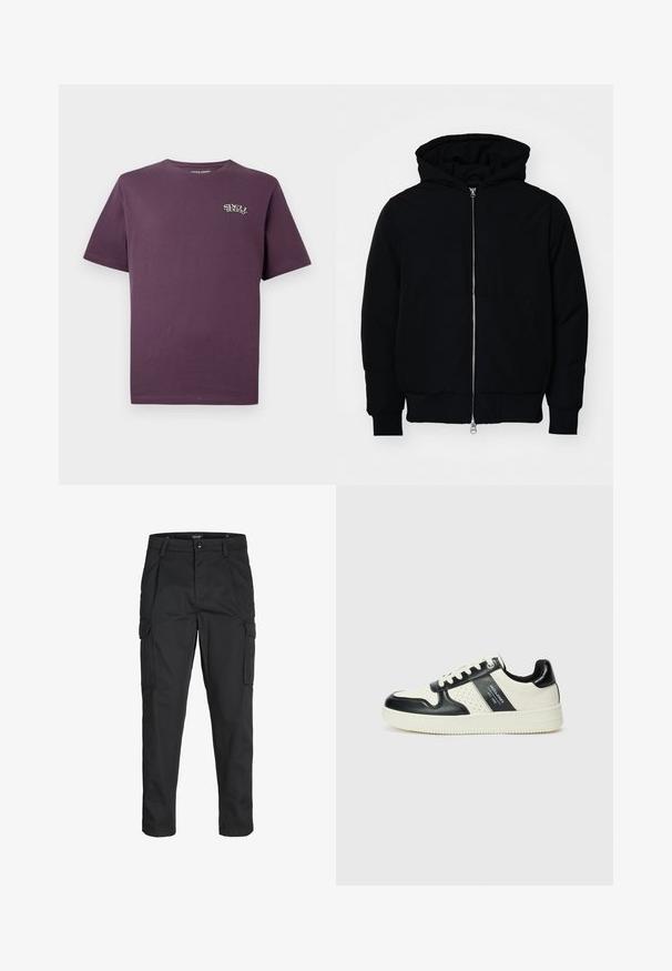 Zwarte hoodie met rits aan de voorkant, kangoeroe-pocket, geribbelde manchetten en zoom, weergegeven op een effen witte achtergrond.; Donkerpaarse katoenen t-shirt met korte mouwen, ronde halslijn en een klein 'Spell Bound' logo in het wit op de linkerborst.; Zwarte cargobroek van stevig stof, met meerdere zakken, een knoopsluiting en een slim fit ontwerp met taps toelopende benen.; Leren sneakers met een zwart en crèmekleurig kleurenschema, voorzien van geperforeerde accenten, een gevoerde kraag en een gestructureerde buitenzool.