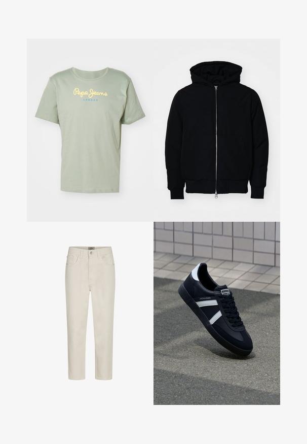 Černá kapucňová bunda s předním zipem, klokaní kapsou, vroubkovanými manžetami a spodním lemem, vystavená na čistém bílém pozadí.; Svěže zelené bavlněné tričko s kulatým výstřihem, krátkými rukávy a logem "Pepe Jeans London" v žluté a modré barvě na přední straně.; Béžové džíny rovného střihu s předním zapínáním na knoflík, poutky na pásek a pěticí kapsami, vystavené na bílém pozadí.; Černé kožené tenisky s bílými pruhy, texturovanou gumovou podrážkou a šněrováním vpředu. Obsahují značenou etiketu na jazyku.