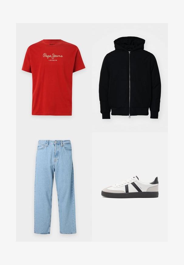 Melna kapucēta jaka ar priekšējo rāvējslēdzēju, kenguru kabatu, ribinātām aprocēm un apakšmalu, parādīta uz vienkārša balta fona.; Sarkana kokvilnas T-krekls ar īsām piedurknēm. Uzraksts "Pepe Jeans" izšuvumā un "LONDON" baltā krāsā zem tā. Klasisks apaļš kakla izgriezums.; Gaiši zili augstām vidukļa stila taisnas kājas džinsi ar piecām kabatām un priekšējo pogu un rāvējslēdzēja aizdari.; Baltas sneakeris ar melniem un pelēkiem akcentiem, kuram ir teksturēts pelēks purngals, melna gumijas zole un plakanas baltas šņores. Tīrs dizains, minimālisma stils.