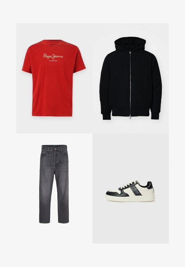 Mustaga kapuutsiga jakk, millel on esineed, kenguru tasku, soonikkoes, ja alläär, esitatud lihtsal valgel taustal.; Punane puuvillane T-särk lühikeste varrukatega. Omab valget käekirja "Pepe Jeans" logo ja allpool on trükitud "LONDON". Klassikaline ümberkaelus.; Tumedast hallid teksased sirge jala disainiga, kõrge vöökoht, viie tasku stiil ning kerge kulumine. Metallist nööp ja lukuga sulgemine.; Nahatud nahkkingad musta ja kreemi värviskeemiga, millel on perforeeritud aktsendid, pehme krae ja tekstureeritud tallad.