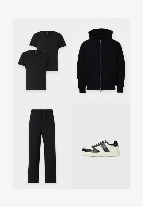 Svart huoodiejacka med framdragkedja, känguruficka, ribbade ärmslut och nederkant, uppställd mot en vit bakgrund.; Två svarta t-shirts med v-halsringning i mjuk bomull. Kortsleeves och en standard passform. Minimalistisk design med en diskret logotyp på bröstet.; Jack & Jones JPSTKANE JJCHARGE UNCUFFED - Träningsbyxor - black; Läder sneakers med en svart och krämfärgad färgsättning, med perforerade detaljer, en vadderad krage och en strukturerad yttersula.