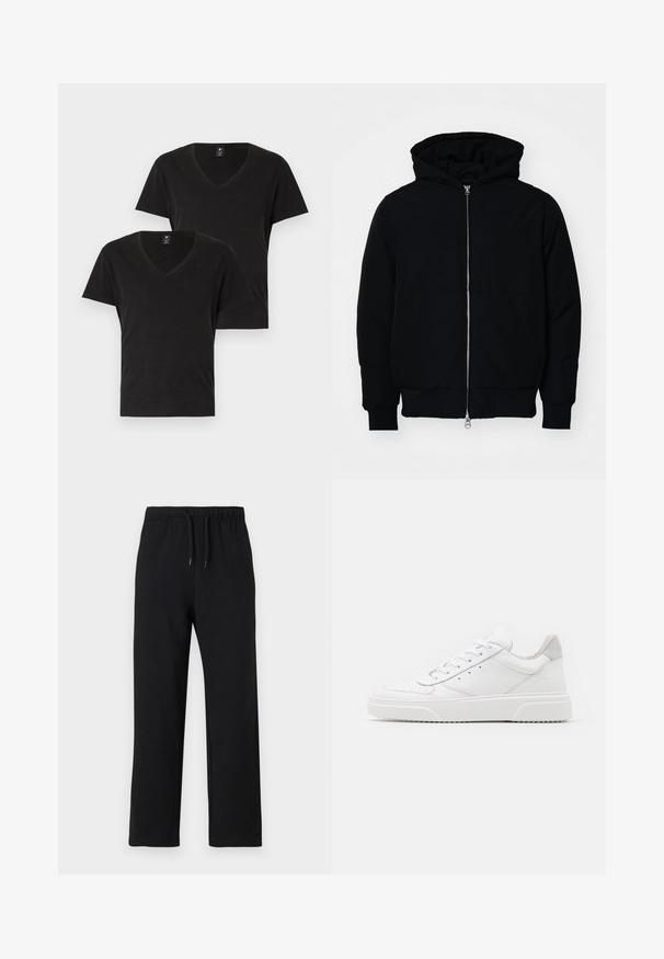 Fekete kapucnis dzseki elülső cipzárral, kenguruzsebbel, bordázott mandzsettákkal és aba, egy sima fehér háttér előtt.; Két fekete V-nyakú póló, puha pamutból készült. Rövid ujjú és standard méretű. Minimalista dizájn, finom logóval a mellkason.; Jack & Jones JPSTKANE JJCHARGE UNCUFFED - Tréningruha alsók - black; Fehér bőr sportcipő sima felülettel, kerek orral, lapos fűzőkkel és textúrált talppal. Szürke velúr díszítés a saroknál.