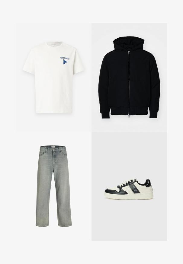 Black hooded jacket with front zipper, kangaroo pocket, ribbed cuffs, and hem, displayed on a plain white background.; White cotton t-shirt featuring a blue Wrangler logo and bull graphic on the left chest area. Short sleeves and crew neckline.; Light gray, loose-fitting jeans made of denim. Features a classic five-pocket design, belt loops, and a straight leg silhouette.; Leather sneakers with a black and cream color scheme, featuring perforated accents, a padded collar, and a textured outsole.