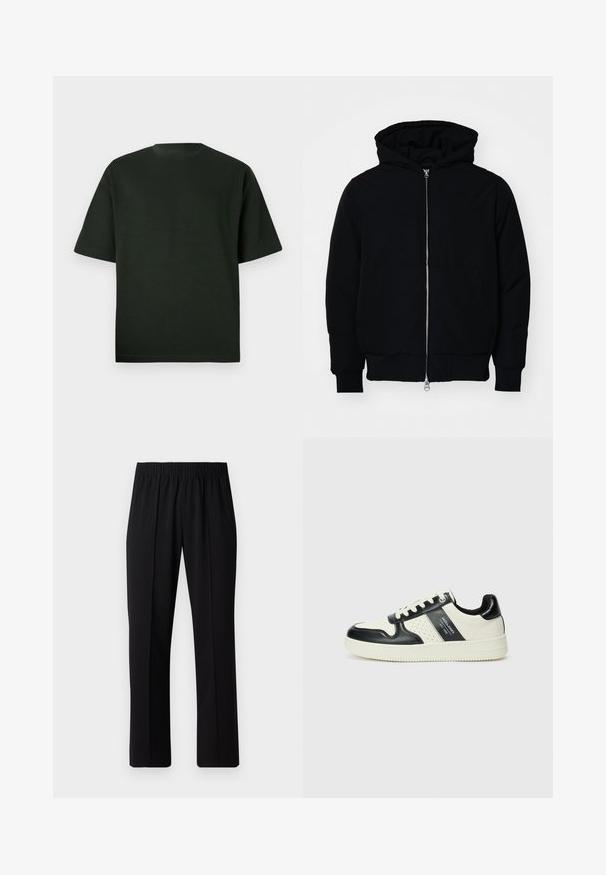 Jachetă neagră cu glugă, cu fermoar în față, buzunar tip kangaroo, mansete și tiv ribbed, prezentată pe un fundal alb simplu.; Tricou scurt cu mânecă scurtă, de culoare verde închis, cu guler rotund. Fabricat dintr-un material moale, având o croială confortabilă și fără modele sau accente vizibile.; Pantaloni negri cu talie elastică, cu un design cu picioare drepte, având o textură netedă și fără modele sau accesorii vizibile.; Tenisi din piele cu un scheme de culori negru și crem, dotati cu accente perforate, guler căptușit și o talpă texturată.