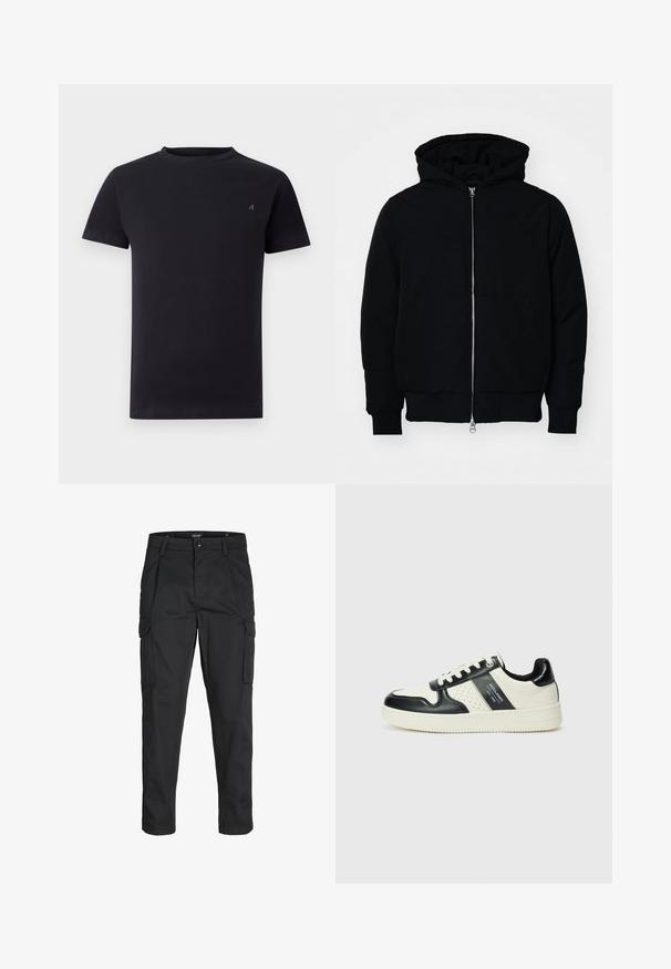 Black hooded jacket with front zipper, kangaroo pocket, ribbed cuffs, and hem, displayed on a plain white background.; Black short-sleeve crew neck t-shirt with small embroidered logo on the left chest, plain design, relaxed fit.; Black cargo pants made of sturdy fabric, featuring multiple pockets, a button closure, and a slim fit design with tapered legs.; Leather sneakers with a black and cream color scheme, featuring perforated accents, a padded collar, and a textured outsole.