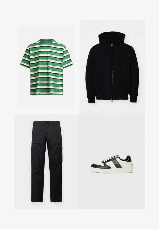 Juodas gobtuvėlis su priekiniu užtrauktuku, kengūros tipo kišene, lygiais rankogaliais ir apvadu, pateiktas ant vientiso balto fono.; Žalias trumpomis rankovėmis marškinėliai su horizontaliomis juostelėmis balta, geltona ir juoda spalvomis. Pagaminta iš patogios medžiagos su klasikiniais apvaliais iškirpimais.; Juodos krovinių kelnės, turinčios kelis kišenes, užtrauktuku uždaromą kišenę ant šlaunies, tiesaus kirpimo ir tvirtos medvilnės audinys su nežymiu blizgesiu.; Odiniai sportbačiai juodos ir kreminės spalvų schemoje, su perforuotais akcentais, paminkštinta apykakle ir tekstūruotu padu.