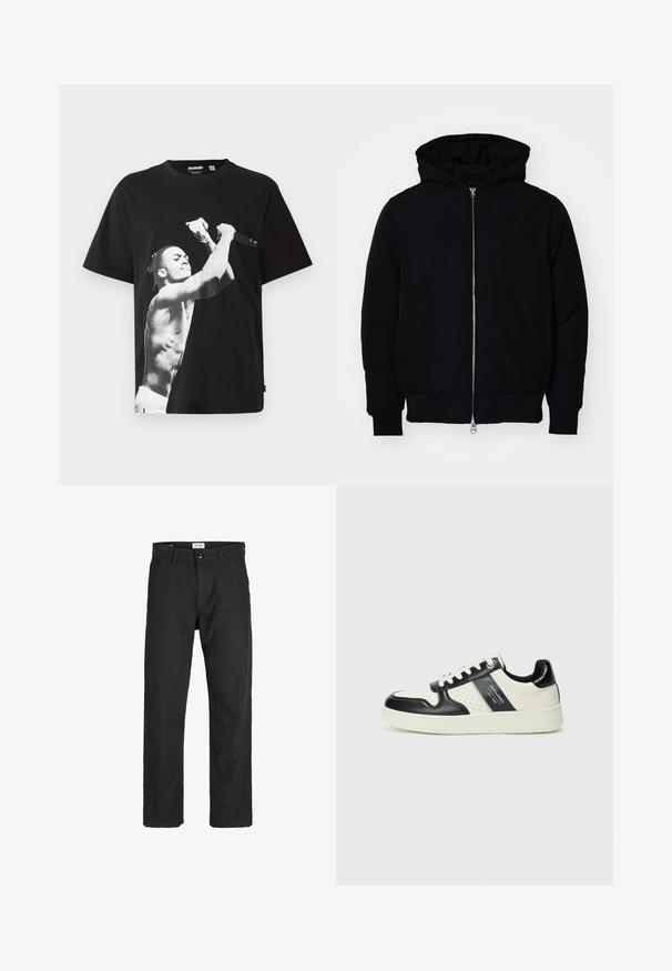 Čierna kapucňová bunda s predným zipsom, klokaními vreckami, rebrovanými manžetami a lemom, zobrazená na bielom pozadí.; Čierne veľké tričko s veľkým čierno-bielym grafickým motívom nahého muža, ktorý drží mikrofón. Vyrobené z bavlnenej látky.; Čierne nohavice vyrobené z odolného materiálu, s rovnými nohavicami, prešitými detailmi a dvoma prednými vreckami pre väčšiu funkčnosť.; Kožené tenisky v čierno-krémovej farbe, s perforovanými akcentmi, polstrovaným golierom a štruktúrovanou podrážkou.