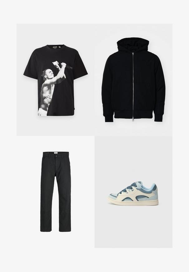 Chaqueta negra con capucha, cierre frontal, bolsillo tipo canguro, y puños y dobladillo acanalados, exhibida sobre un fondo blanco liso.; Camiseta negra de gran tamaño con un gran gráfico en blanco y negro de una figura sin camiseta sosteniendo un micrófono. Hecha de tela de algodón.; Pantalones negros de tela duradera, con un diseño de pierna recta, detalles cosidos y dos bolsillos frontales para mayor funcionalidad.; Zapatillas azul claro y crema con cordones de color marino. Incluyen paneles de malla y cuero, puntera redondeada y una suela de goma con textura ligera.