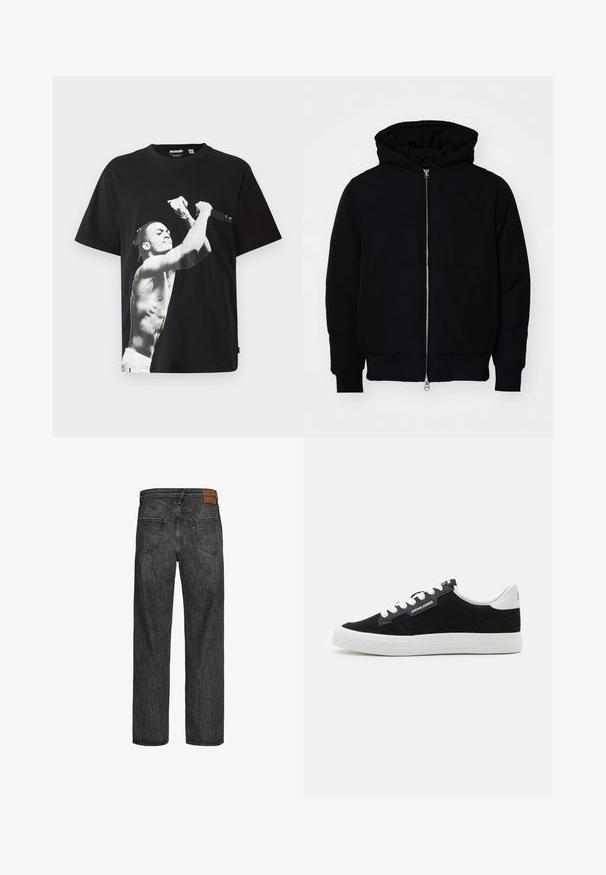 Černá kapucňová bunda s předním zipem, klokaní kapsou, vroubkovanými manžetami a spodním lemem, vystavená na čistém bílém pozadí.; Černé oversized tričko s velkým černo-bílým grafickým motivem postavy bez trička, která drží mikrofon. Vyrobeno z bavlněné tkaniny.; Černé džíny z denimu s rovnými nohavicemi, pět kapes, a hnědá kožená nášivka na pásku. Texturovaná látka s detaily šití.; Jack & Jones JFWMORDEN COMBO - Tenisky - anthracite