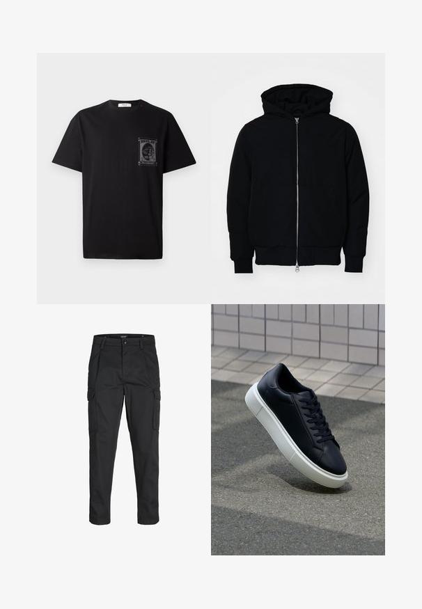 Sort hættejakke med frontlynlås, kængurulomme, ribbede manchetter og kant, præsenteret på en ensfarvet hvid baggrund.; Sort bomulds T-shirt med korte ærmer, der har et grafisk print på venstre bryst og en lille rød detalje nær halsudskæringen.; Sorte cargo-bukser lavet af slidstærkt stof, der har flere lommer, en knaplukning og et slim fit design med smalle ben.; Sort lædersneaker med rund tå og hvid gummisål. Har flade snørebånd og minimal syning på overdelen. Tekstureret sål for bedre greb.
