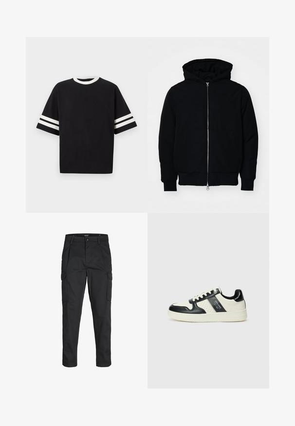 Juodas gobtuvėlis su priekiniu užtrauktuku, kengūros tipo kišene, lygiais rankogaliais ir apvadu, pateiktas ant vientiso balto fono.; Juodas trumpas rankovės marškinėliai, pagaminti iš medvilnės, su apvaliu baltu iškirpimu ir dviem horizontaliomis baltomis juostelėmis ant kiekvienos rankovės.; Juodi krovinių tipo džinsai, pagaminti iš tvirto audinio, su keliais kišeniais, mygtuko uždarymu ir siauru, prigludusiu dizainu su siaurėjančiomis kojomis.; Odiniai sportbačiai juodos ir kreminės spalvų schemoje, su perforuotais akcentais, paminkštinta apykakle ir tekstūruotu padu.