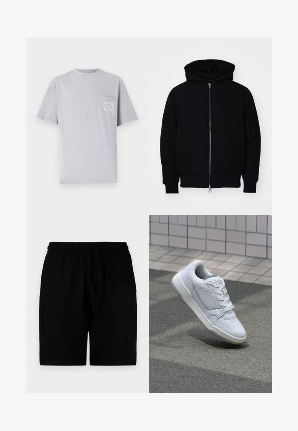 Schwarze Kapuzenjacke mit Frontreißverschluss, Kängurutasche, gerippten Bündchen und Saum, auf einem schlichten weißen Hintergrund präsentiert.; Graues Baumwoll-T-Shirt mit Rundhalsausschnitt, kurzen Ärmeln und einer linken Brusttasche mit gestickten Textdetails.; Schwarze Shorts aus leichtem Material mit einem elastischen Bund und Kordelzug, Seitentaschen und einem lockeren Schnitt.; Weiße Ledersneaker mit perforierten Seiten, strukturierten Akzenten, flachen Schnürsenkeln und einer kontrastierenden grauen Ferse. Verfügt über eine leicht erhöhte Sohle.