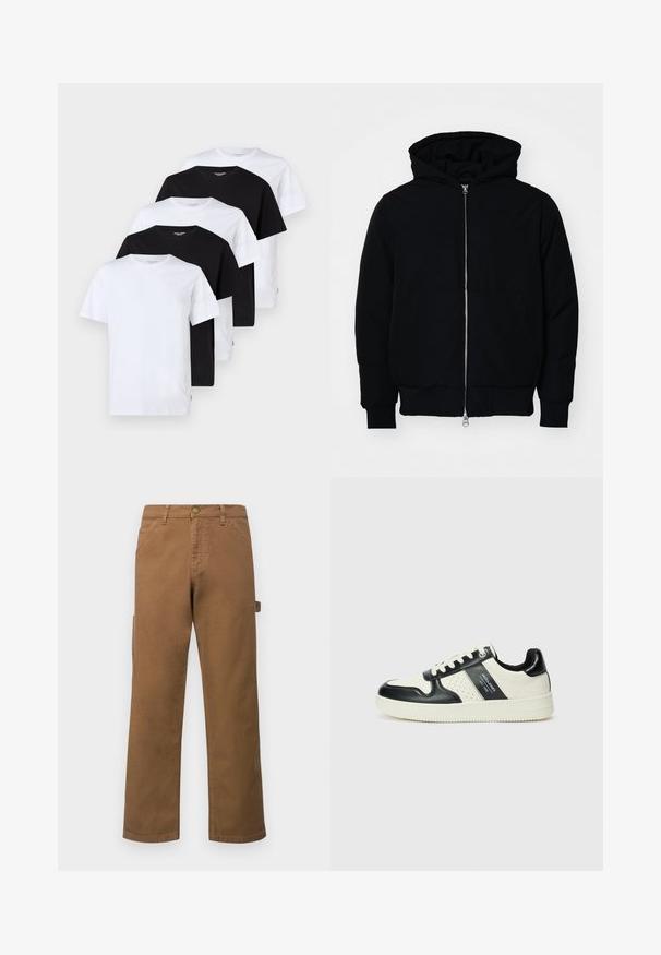 Chaqueta negra con capucha, cierre frontal, bolsillo tipo canguro, y puños y dobladillo acanalados, exhibida sobre un fondo blanco liso.; Cinco camisetas de manga corta mostradas: dos blancas, tres negras. Cada una está hecha de algodón, con cuello redondo y corte regular.; Pantalones cargo de algodón marrón con piernas rectas, que presentan bolsillos laterales y un cierre de botón metálico en la cintura. Textura suave y diseño casual.; Zapatillas de cuero con un esquema de colores negro y crema, que cuentan con acentos perforados, un collar acolchado y una suela texturizada.