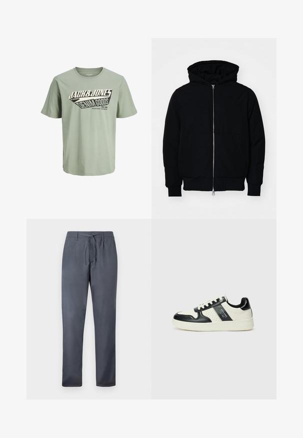 Svart hettejakke med frontglidelås, kengurulomme, ribbestrikket mansjetter og søm, vist på en ensfarget hvit bakgrunn.; Lysegrønn bomullstrøye med svart-hvitt grafisk design som inkluderer tekst. Rund hals, korte ermer og rett kant.; Grå bukser laget av glatt stoff, med snøring i livet og sidelommer. Rett ben-design med en ren finish.; Lædersneakers med sort og creme farveskema, der har perforerede detaljer, en polstret krave og en struktureret ydersål.