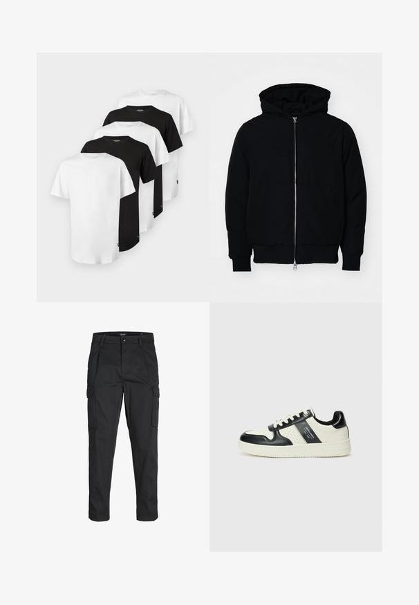 Black hooded jacket with front zipper, kangaroo pocket, ribbed cuffs, and hem, displayed on a plain white background.; Set of five T-shirts: three white and two black. Classic crew-neck design, short sleeves, cotton fabric, smooth texture, standard fit.; Black cargo pants made of sturdy fabric, featuring multiple pockets, a button closure, and a slim fit design with tapered legs.; Leather sneakers with a black and cream color scheme, featuring perforated accents, a padded collar, and a textured outsole.