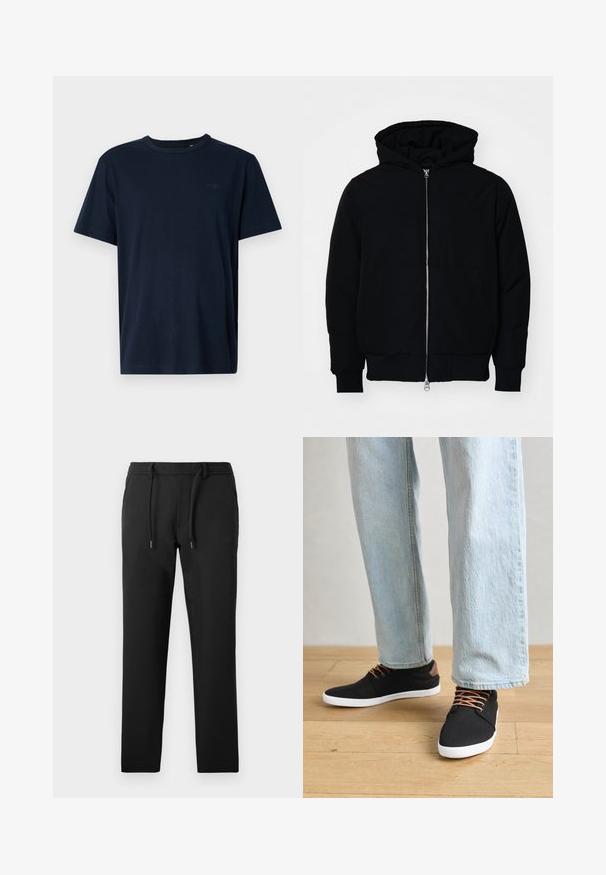 Mustaga kapuutsiga jakk, millel on esineed, kenguru tasku, soonikkoes, ja alläär, esitatud lihtsal valgel taustal.; Tumedata lühikese varrukaga T-särk, mis on valmistatud pehmest kangast, ümaral kaelusel, rinnal on väike logo ja aastaarv "1962".; Mustad püksid, millel on õhuke lõige, valminud pehmest kangast, varustatud paeltega vöökohaga, küljetaskutega ja siledast viimistlusest.; Mustad musta kangast tossud pruunide aktsentide, valge kummitaldade ja pruunide paeltega, koos helesiniste sirgete jalgade teksadega. Puidust põranda taust.